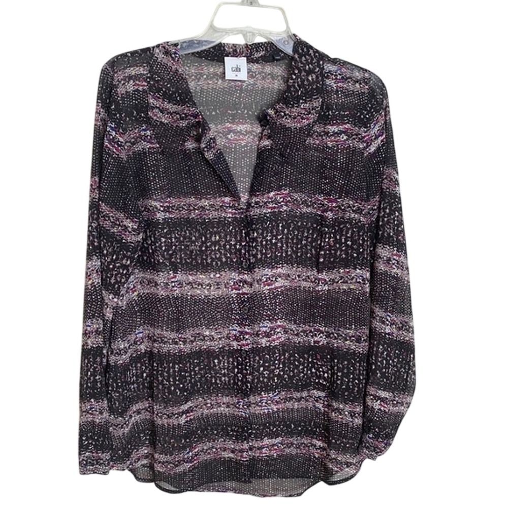 Cabi 3249 Women Black Multi Color Abstract Stripe Sheer Button Front Blouse M